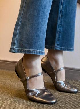 rubywu银色玛丽珍鞋女羊皮一字带圆头小皮鞋软底时尚百搭平底单鞋