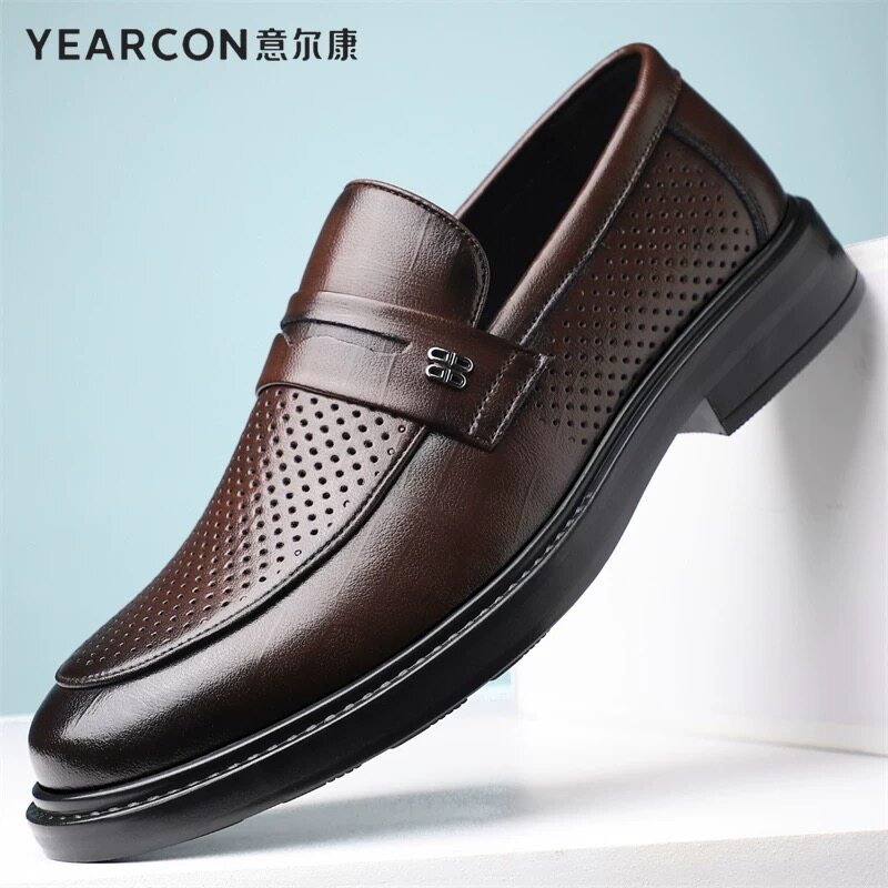 意尔康乐福鞋男士镂空透气皮鞋夏季新款商务百搭一脚蹬懒人鞋凉鞋