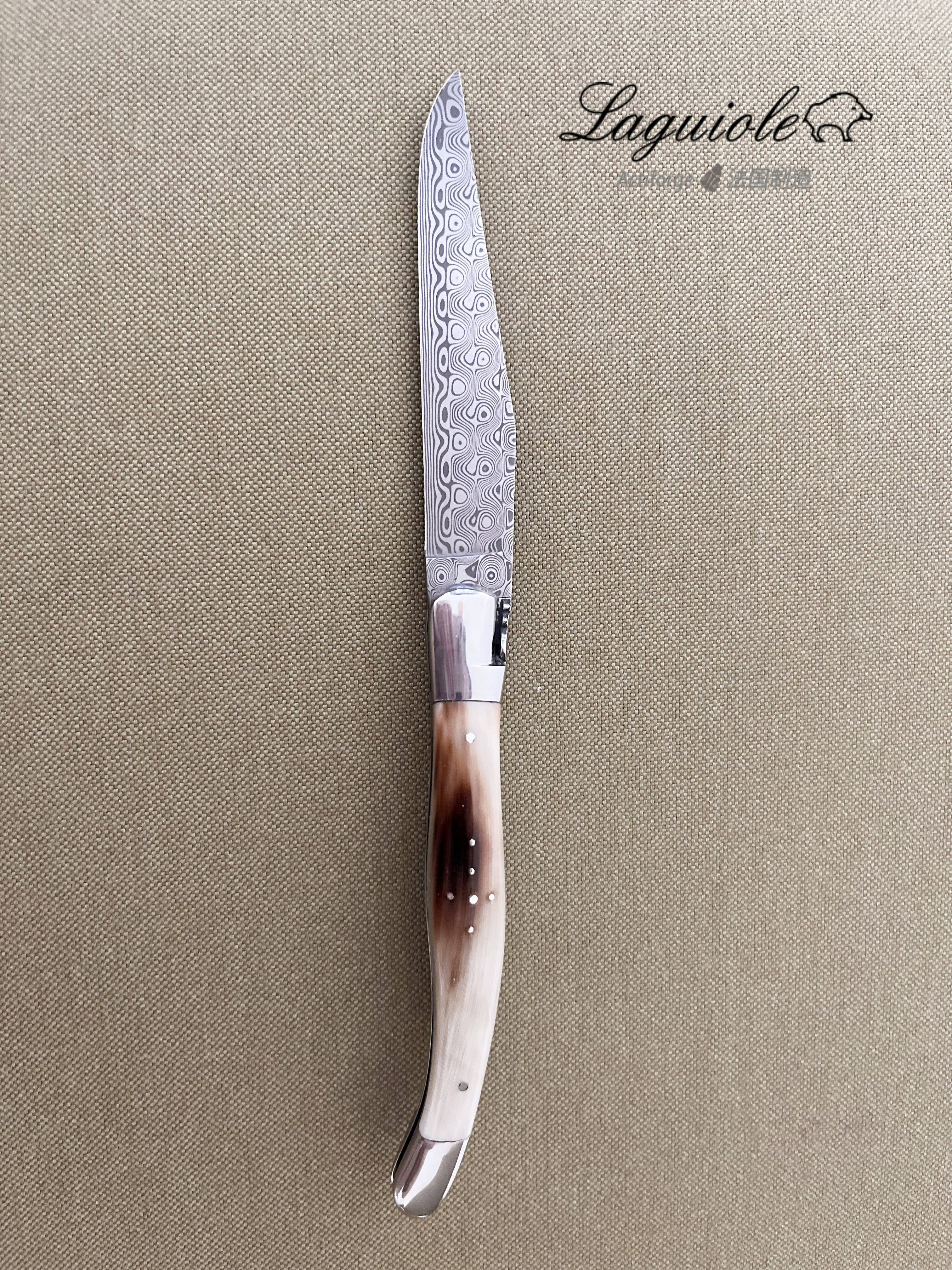 法国Laguiole棕牛角大马士革钢刀
