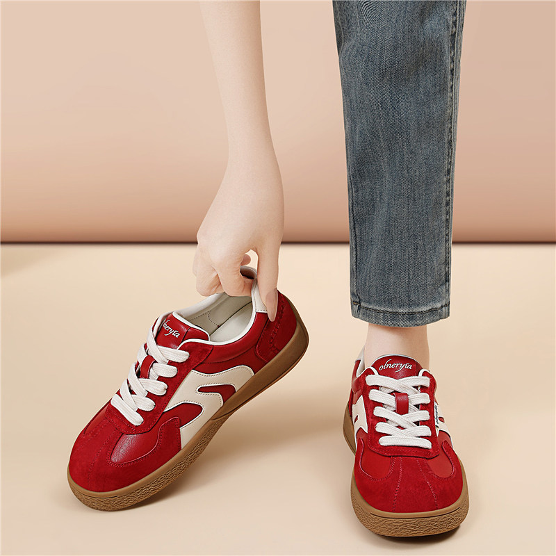 红色德训鞋女真皮复古百搭平底舒适休闲运动鞋,女鞋,德训鞋,淘宝优惠券,粉丝福利购,淘宝优惠卷
