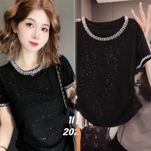 时尚 夏季 洋气遮肉显瘦上衣 t恤女夏天新款 重工亮闪闪钉珠薄棉短袖