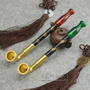 老式 烟丝专用黄铜烟锅子传统手工烟袋锅烟枪送布袋 实木旱烟杆男士