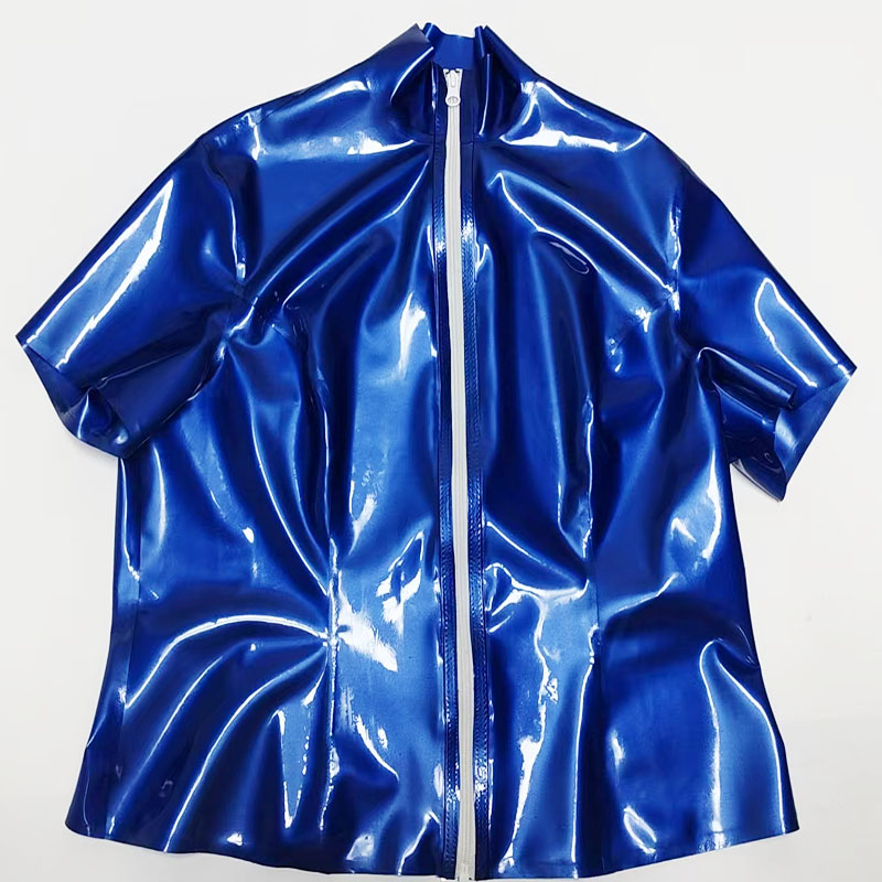 YINUO乳胶衣 女乳胶上衣金属蓝乳胶短袖上衣乳胶上衣前开拉链定制