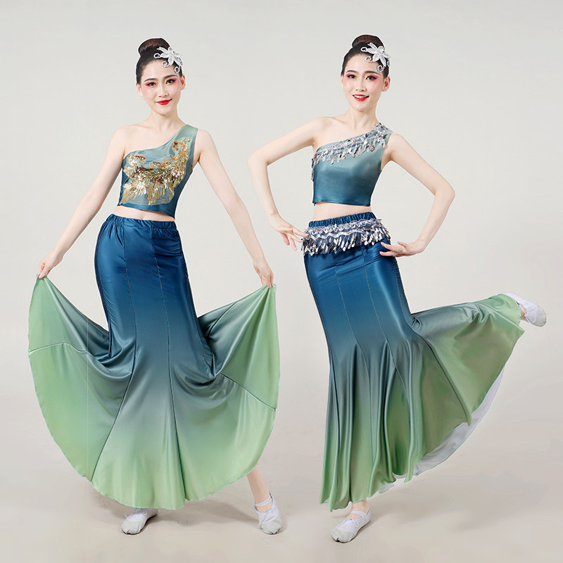 傣族舞蹈演出服练功裙表演服女傣族孔雀舞蹈裙鱼尾半身艺考服装_虎窝淘