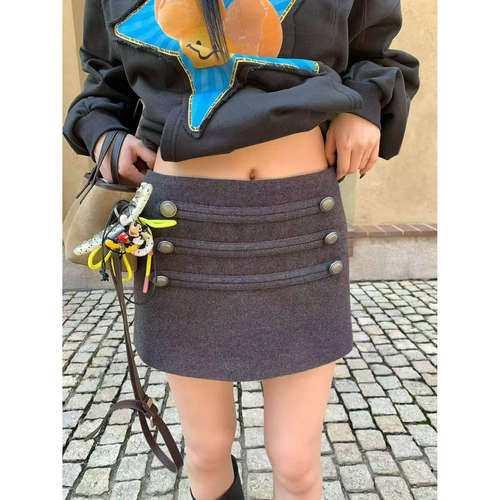 灰色复古毛呢A字包臀半身裙女2026秋冬短款辣妹高腰短裙子