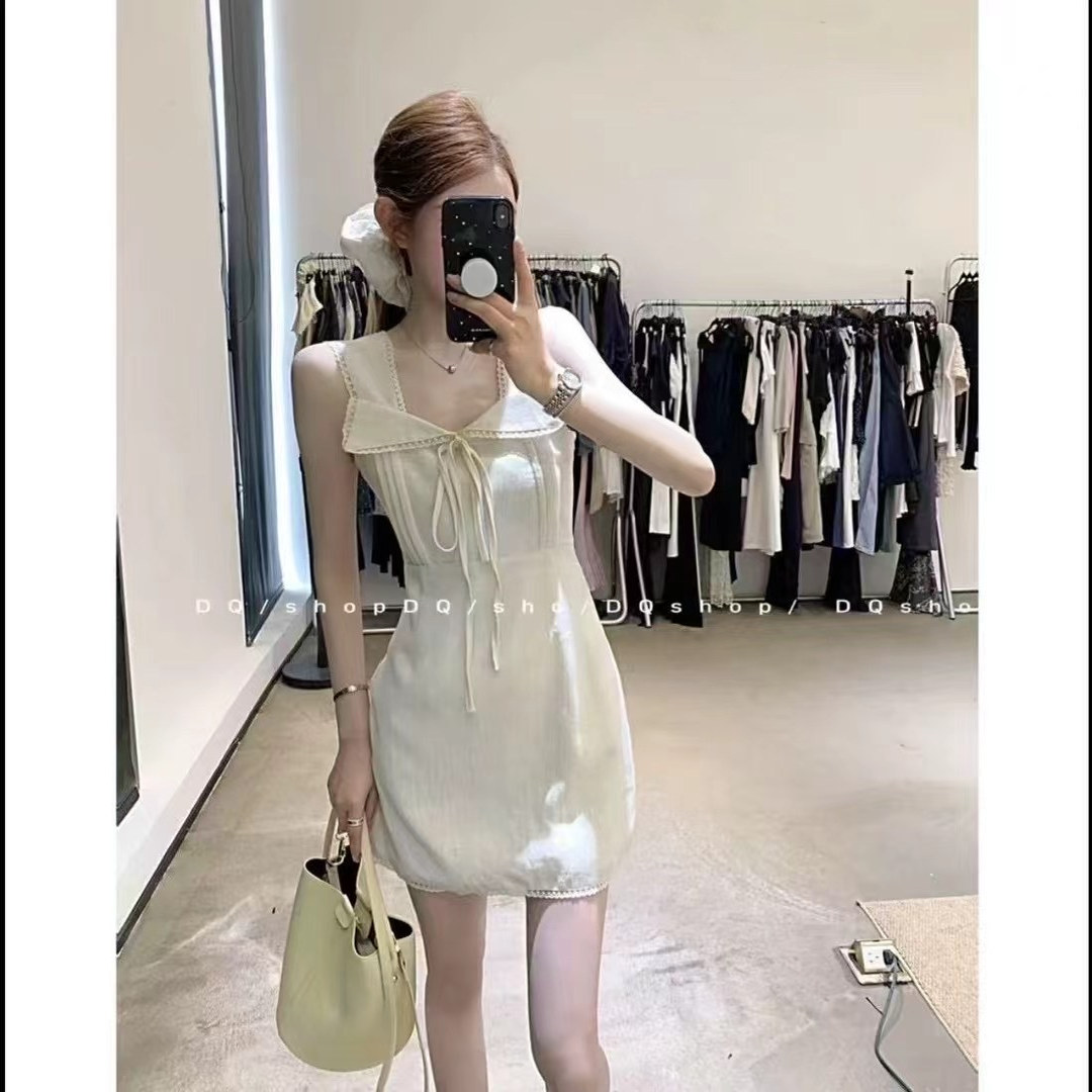 2025夏季洋气蕾丝花边拼接系带连衣裙女设计感小众无袖短裙