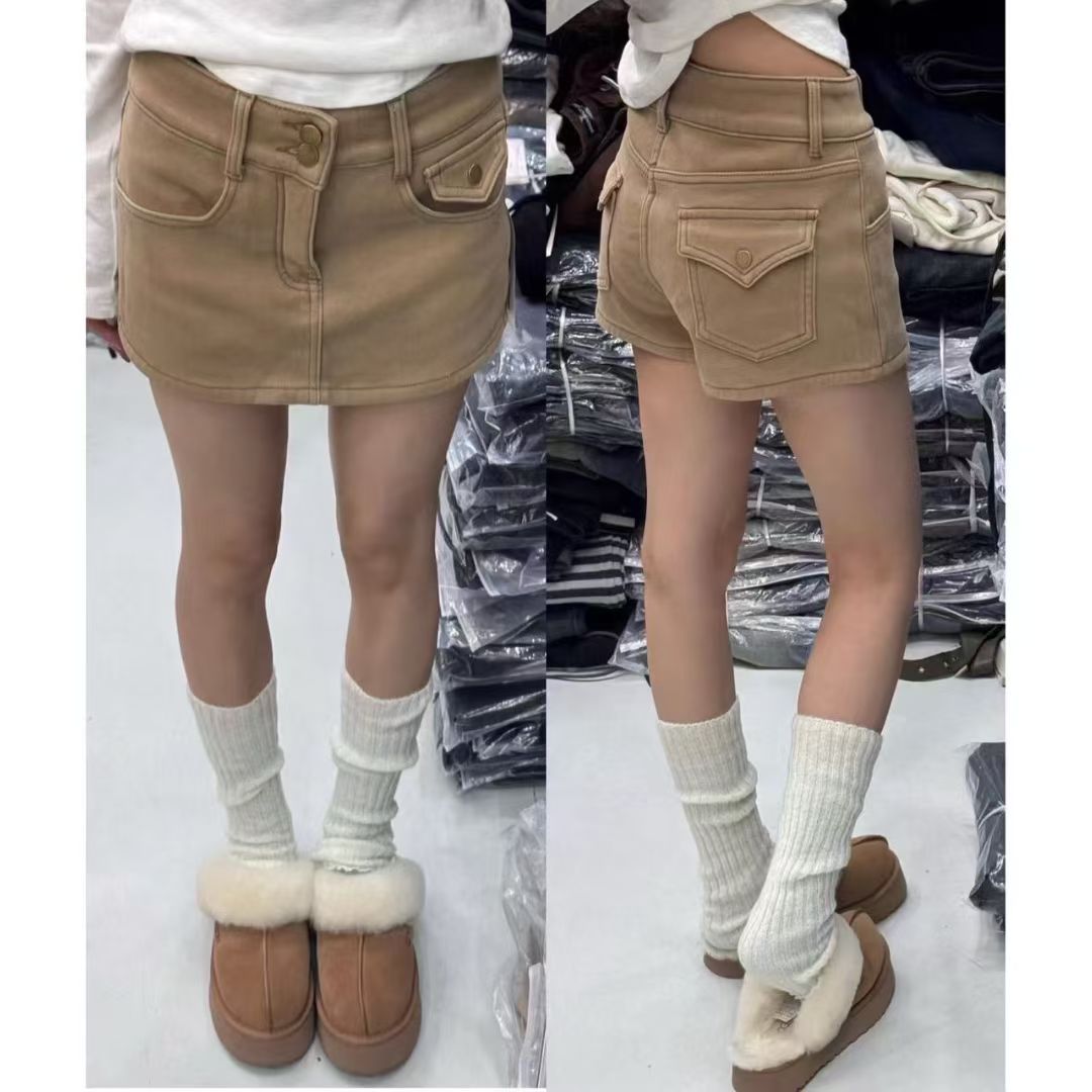 韩版冬季加厚绒复古牛仔风高腰A字半身短裙女显瘦包臀百搭裙子潮