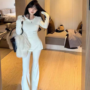 新款 T恤女高腰微喇裤 韩版 显瘦开叉长袖 两件套 气质修身 2025冬季