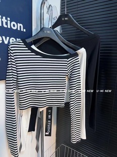 慵懒风条纹宽松斜肩上衣女早季秋2025新款修身长袖打底衫