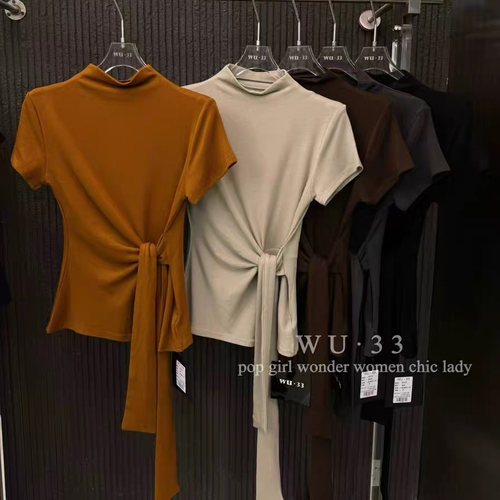 2025早秋新款气质显瘦半高领收腰绑带设计感短袖T恤纯色上衣