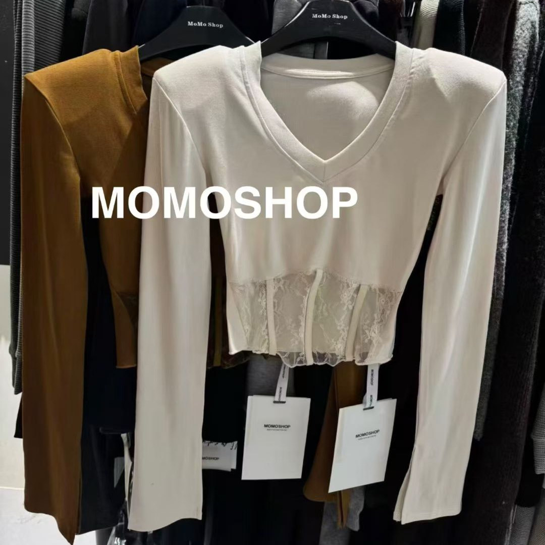 2025秋季新款V领蕾丝修身长袖T恤女辣妹上衣打底衫isn