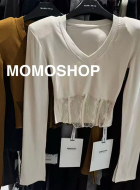 2025秋季新款V领蕾丝修身长袖T恤女辣妹上衣打底衫isn