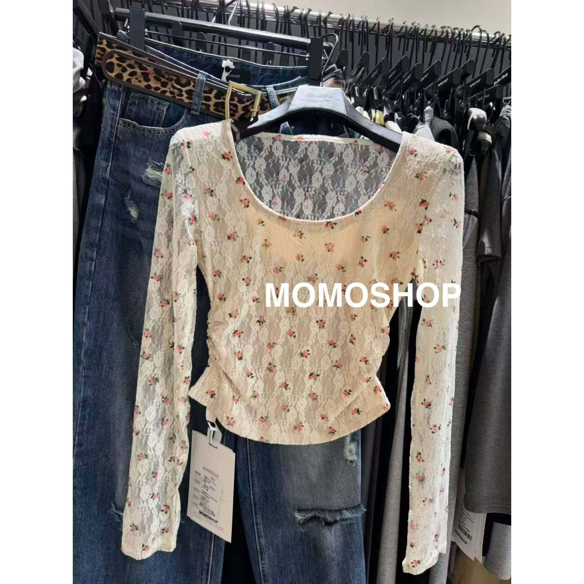 2026春季韩版甜美微透碎花蕾丝衫女长袖打底衫上衣