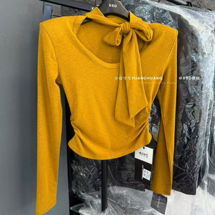 辣妹女装2025秋冬新款设计感小众飘带长袖T恤女修身打底衫