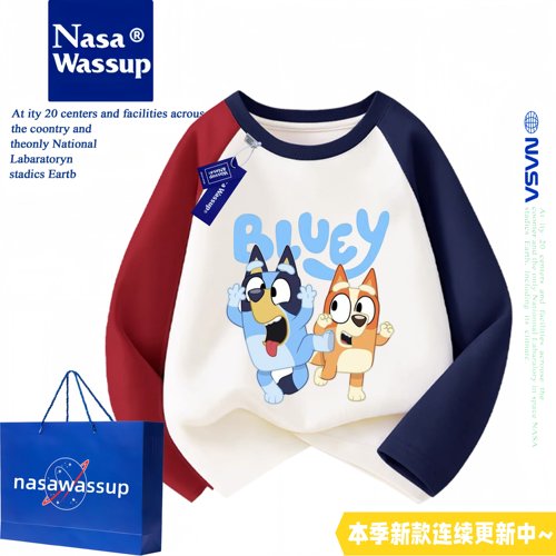 WASSUP小狗布鲁伊一家bluey纯棉长袖男童春秋季薄款可爱T恤衣服