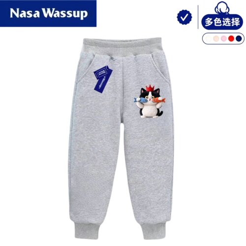 WASSUP仿毛绒小猫图案男童卫裤运动裤帅气长裤春秋冬季男孩裤子