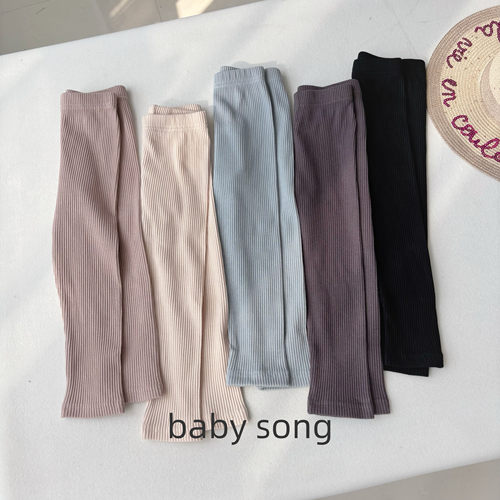 韩系90-140女童春秋新款纯棉弹力坑条纯色百搭针织打底裤