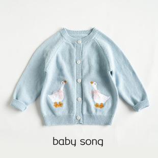 新款 优雅天鹅 130女童秋季 外套 ins纯棉线刺绣针织毛衣开衫