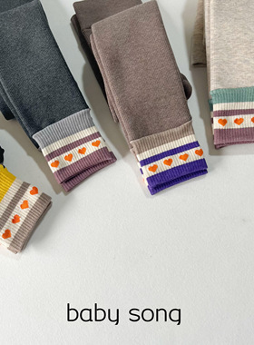 3-12岁女童宝冬季加绒加厚爱心撞色保暖坑条竖纹弹力针织打底裤