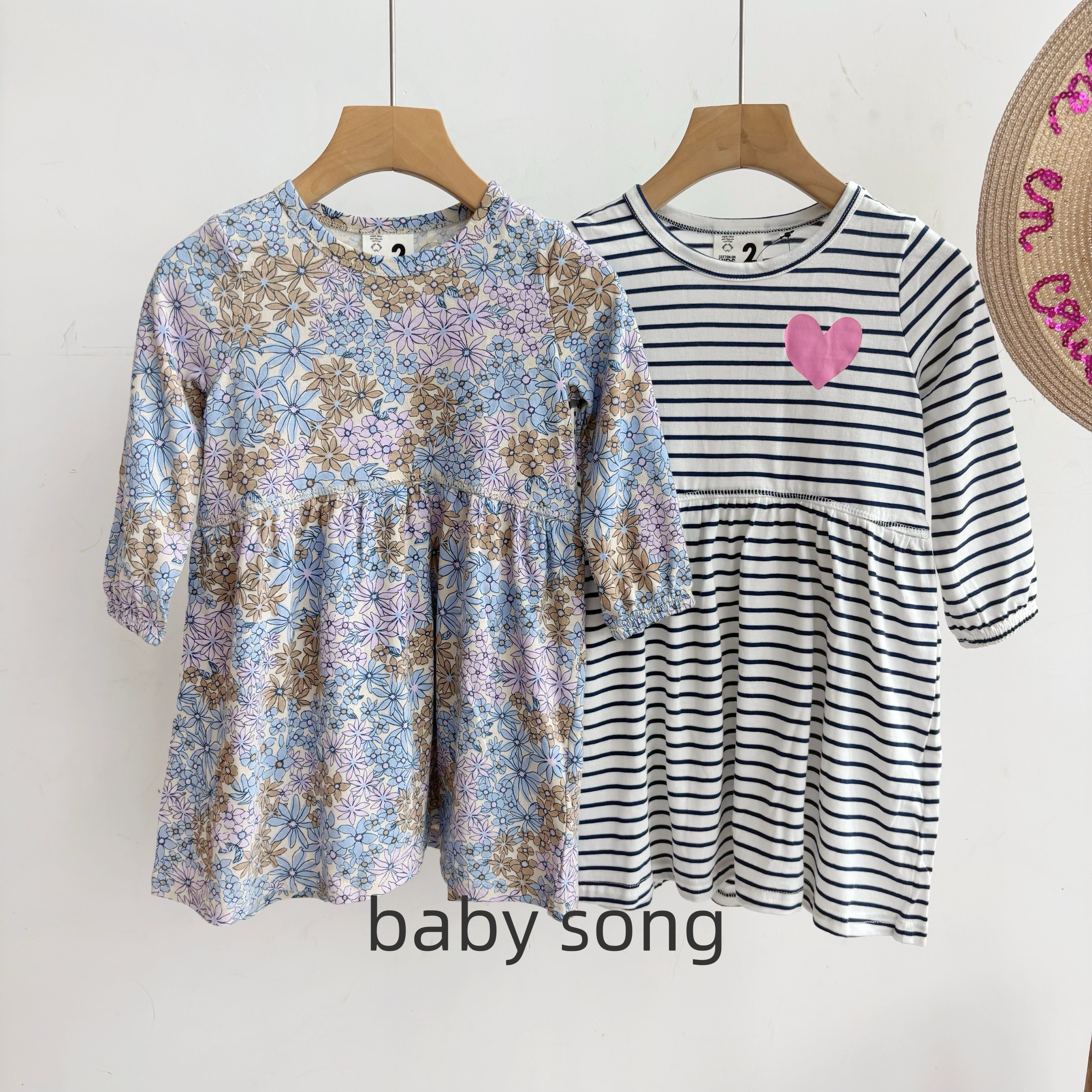 出口澳单cot2-10岁甜美女童26春夏新款纯棉条纹碎花长袖连衣裙