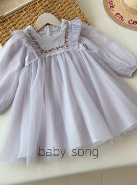 韩系110-150女童2025秋季新款女宝网纱花花刺绣长袖公主连衣裙