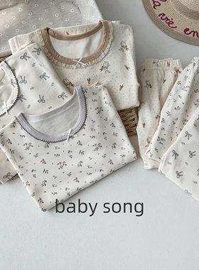 韩系100-150女童25秋冬新纯棉碎花无骨弹力睡衣秋衣裤家居服套装