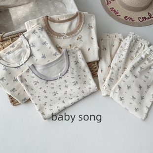 韩系100-150女童25秋冬新纯棉碎花无骨弹力睡衣秋衣裤家居服套装
