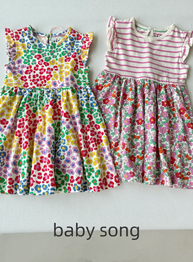 英单bd2-12岁女宝25夏纯棉薄软飞袖甜美碎花条纹儿童背心连衣裙