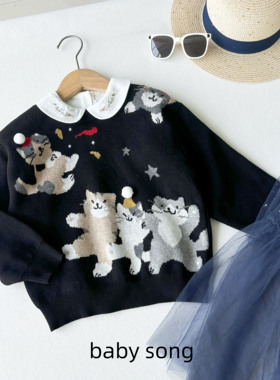 甜酷女孩！韩系100-140儿童秋冬新女宝纯棉双层针织猫咪套头毛衣