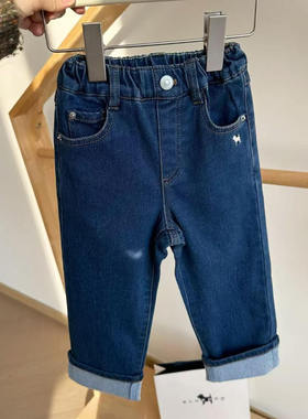 薄绒软牛仔~韩系100-150男女宝25秋冬儿童松紧腰起绒直筒牛仔裤