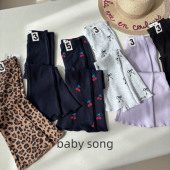 澳单cot2 10岁女童25早秋纯棉弹力樱桃蝴蝶结细坑条喇叭打底裤