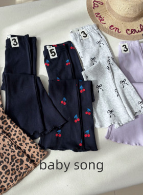 澳单cot2-10岁女童25早秋纯棉弹力樱桃蝴蝶结细坑条喇叭打底裤
