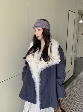 欧货秋冬新款进口皮毛一体羊羔毛领羽绒服鸭绒外套