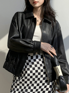 真皮皮衣头层绵羊皮进口全植鞣皮外套皮衣女黑色短夹克复古港风