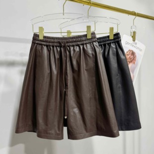 五分裤 秋冬新款 阔腿中裤 进口全植鞣头层绵羊皮休闲短裤 真皮皮裤