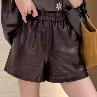 秋冬新款真皮皮裤进口油蜡头层绵羊皮短裤休闲A字阔腿裤
