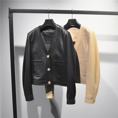 头层V领时尚新款潮春秋真皮皮衣