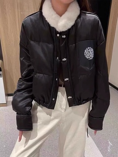 进口水貂毛领鹅绒服女冬新短款 宽松显瘦羽绒服 真丝拼接绵羊皮韩版