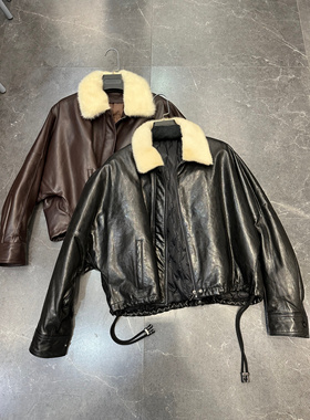 新款真皮皮衣女短款进口油蜡植鞣头层绵羊皮水貂毛领鹅绒服外套