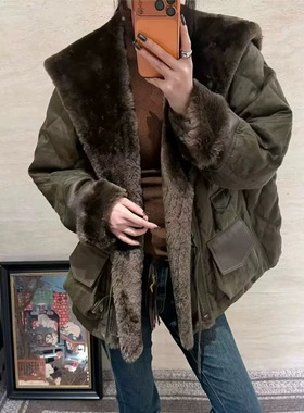 欧洲站2025冬皮毛一体翻领鹅绒宽松大版中长款保暖皮草羽绒服外套