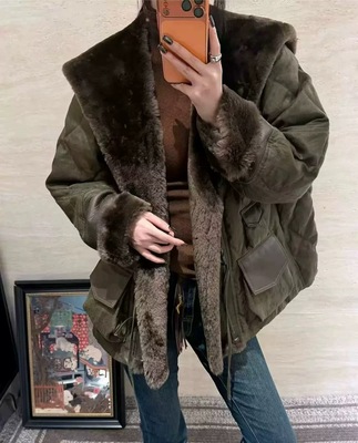 欧洲站2025冬皮毛一体翻领鹅绒宽松大版中长款保暖皮草羽绒服外套