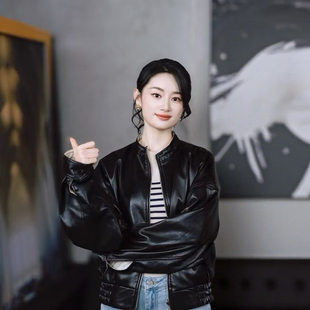 2026春新款 进口油蜡头层绵羊皮真皮皮衣短外套女上衣郭晓婷同款