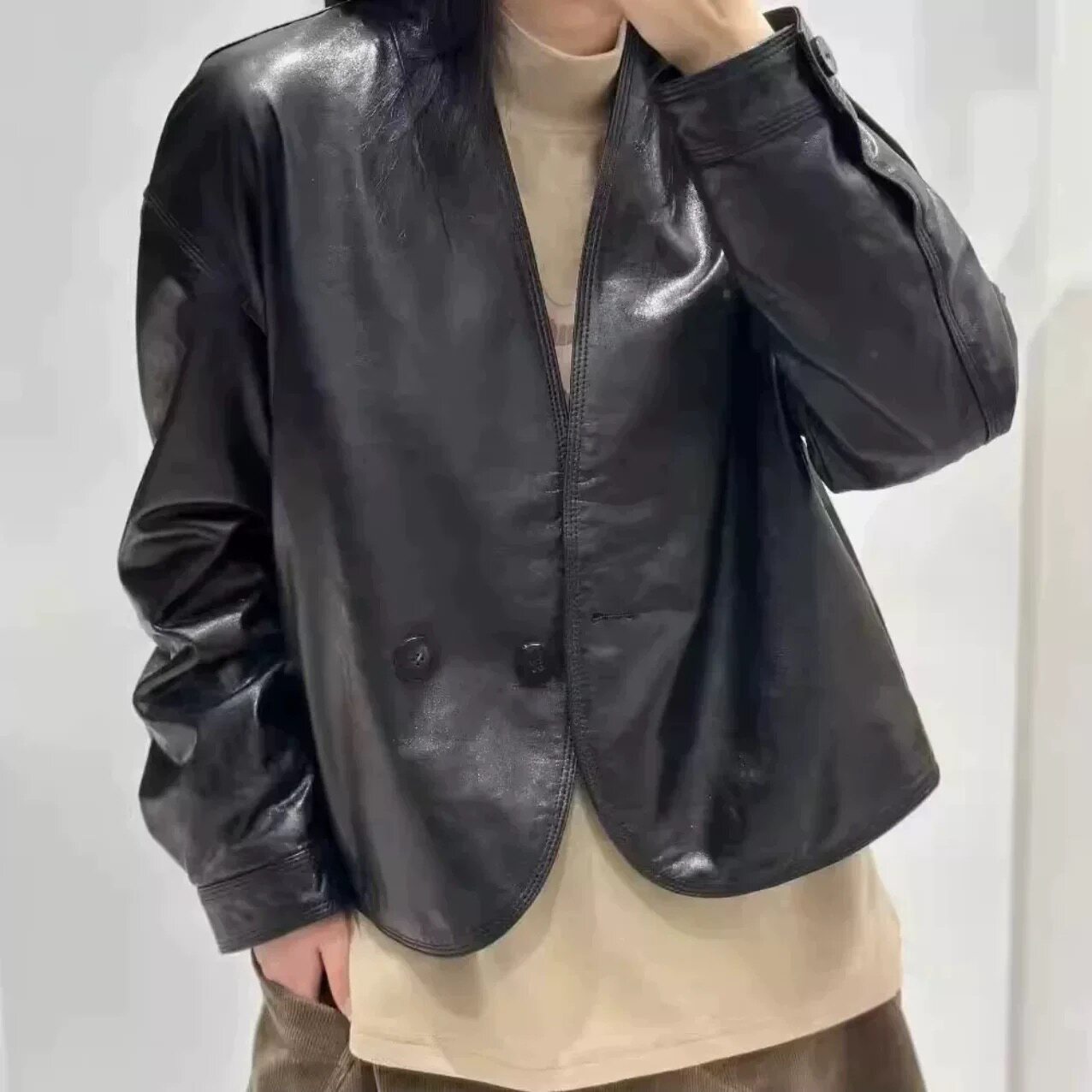 2026春新款进口油蜡头层绵羊皮皮衣短外套夹克女上衣西装