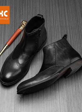 帕达索切尔西靴男真皮短靴英伦高帮马丁靴布洛克男士工装靴221122