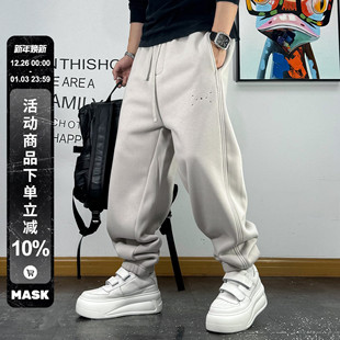 休闲宽松抽绳束脚健身运动男裤 男美式 青年纯色 加绒针织卫裤 秋冬季