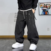 复古加绒宽松休闲裤 秋冬新款 男铁链装 美式 饰潮流百搭抽绳直筒长裤