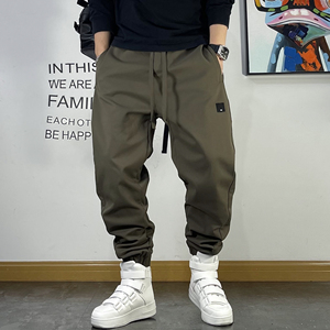 青年潮流加厚宽松束脚裤拼接绣标冬季加绒卫裤男美式复古休闲男裤