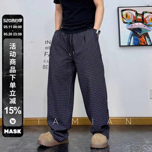 复古格子直筒慵懒阔腿休闲长裤男