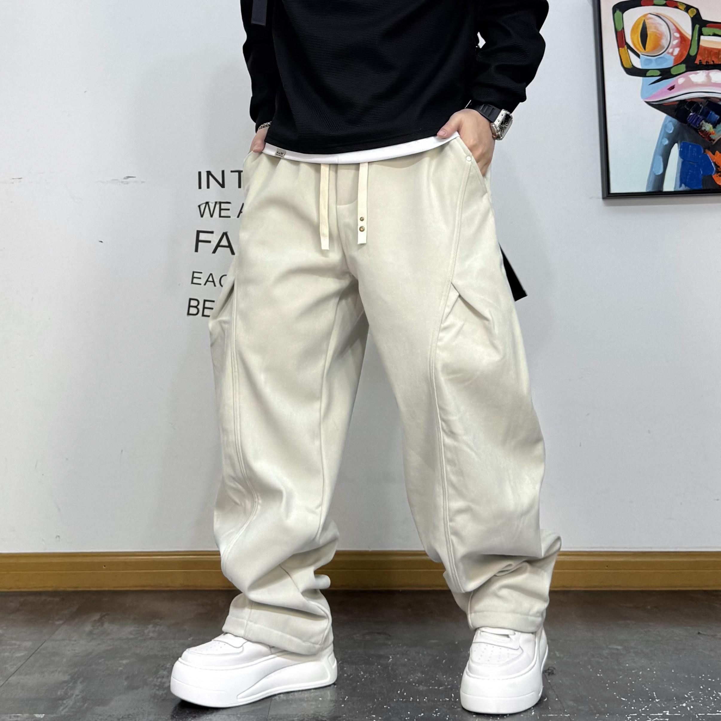 工装风褶皱大口袋直筒阔腿休闲裤