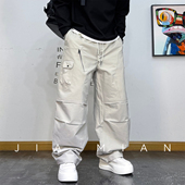 机能风口袋拼接剪裁抽绳阔腿工装 裤 男2026春秋新款 美式 休闲长裤 潮
